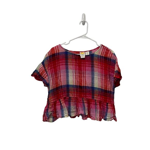 C&C California Linen Plaid Ruffle-Hem Short Sleeve Women's Top Size M - Picture 2 of 7